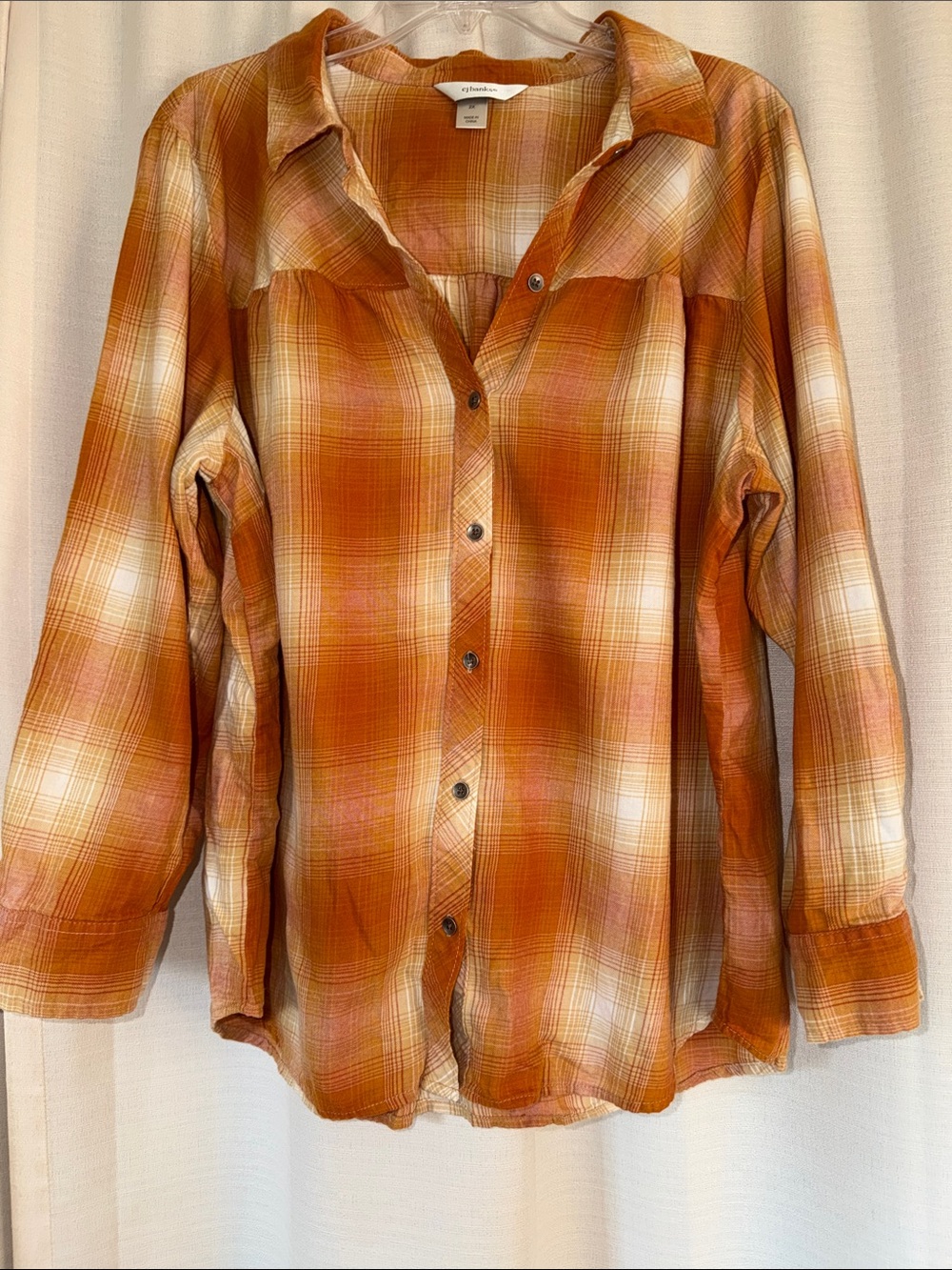 CJ Banks Plaid Button-Front Shirt in Orange and Cream